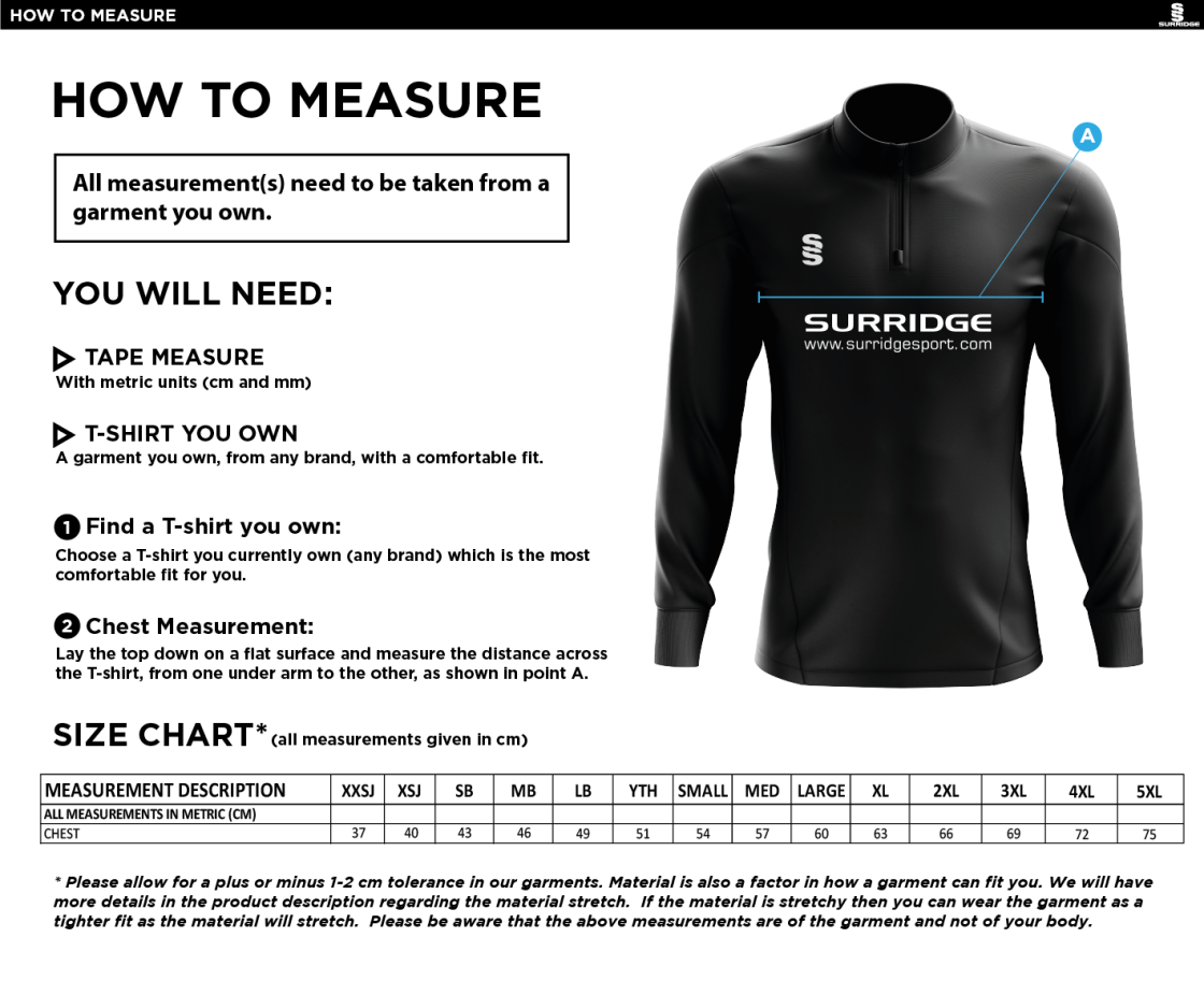 Box Hill School Staff 1/4 Zip Dual Performance Top :  Black - Size Guide