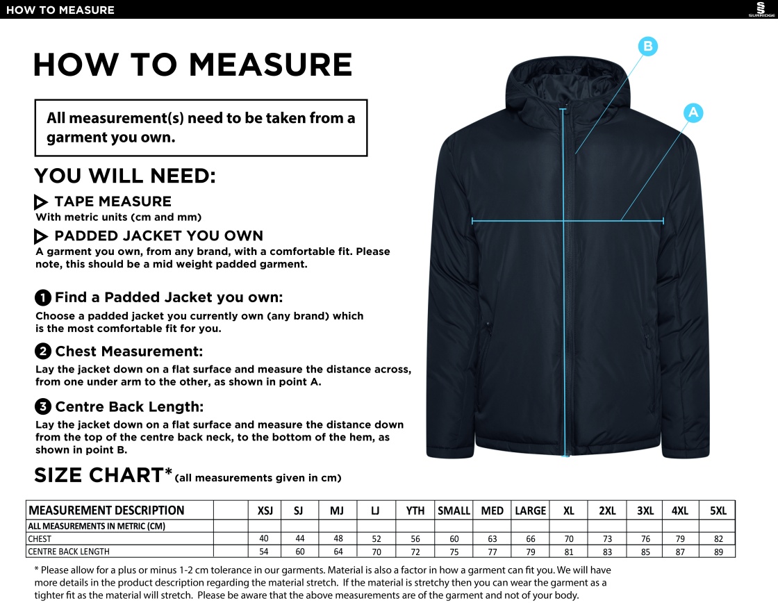 Ct Padded Jacket : Black - Size Guide
