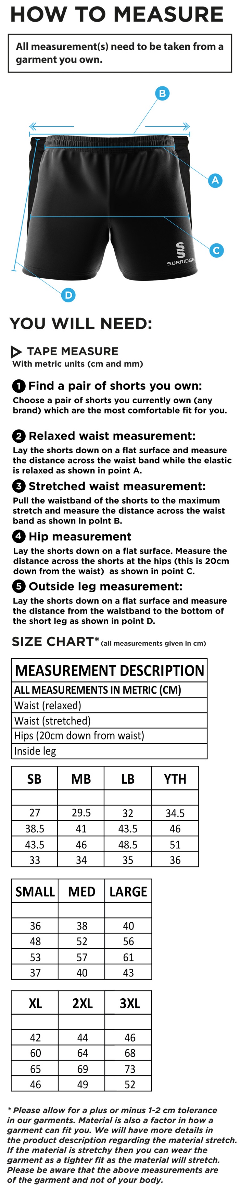 Box Hill School Staff Performance Gym Short : Black - Size Guide