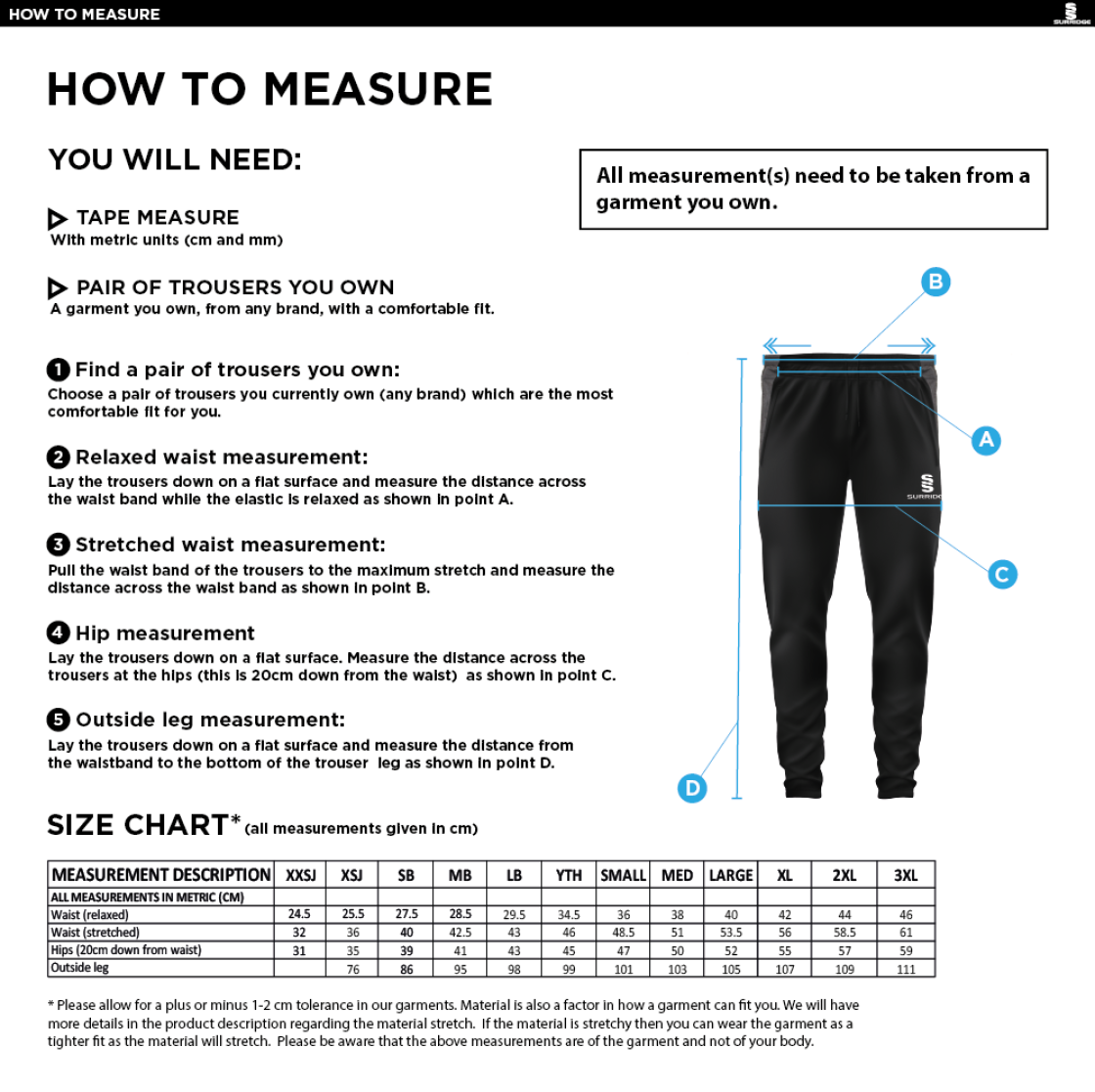 Box Hill School Staff Tek Slim Training Pants : Black - Size Guide