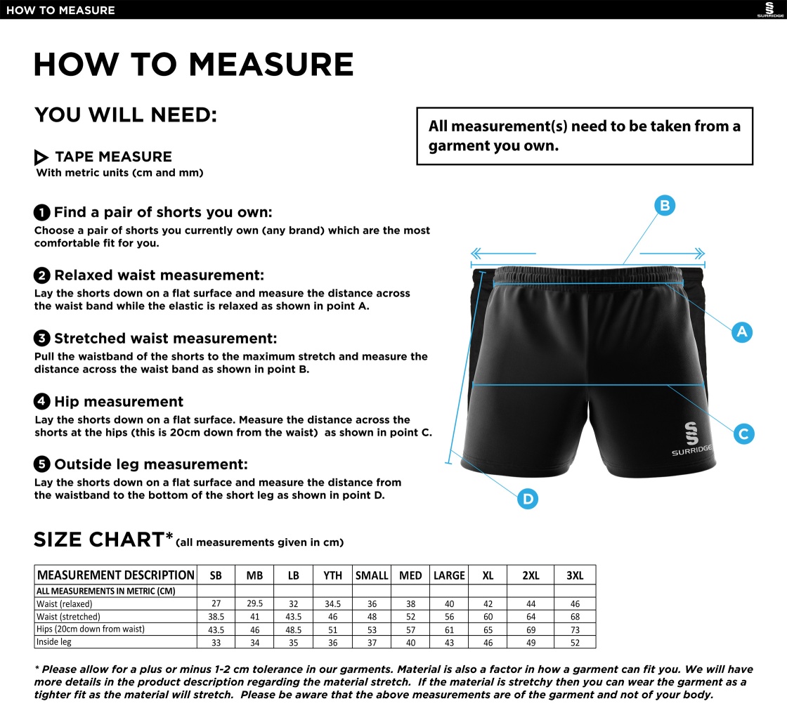 Box Hill School Staff Performance Gym Short : Black - Size Guide