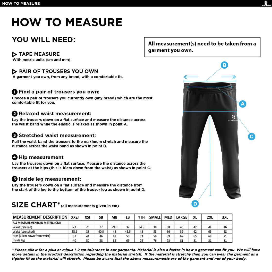Box Hill School Staff Poplin Track Pant : Black - Size Guide